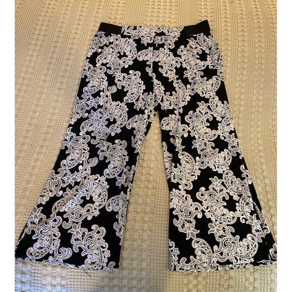 INC Palazzo Wide Legged Cropped Ankle Pants Size XL Black White Paisley Stretchy - Picture 7 of 11